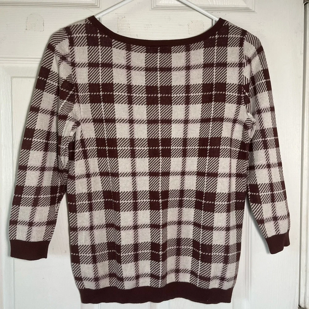 Ann Taylor Factory Burgundy/Cream Plaid Knit Long Sleeve Crew Neck Sweater Sz XS - Picture 2 of 7